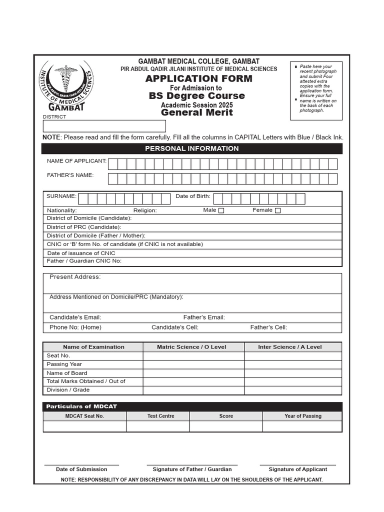 BS Degree Admission Form 2025 | PDF | Medicine | Health Care