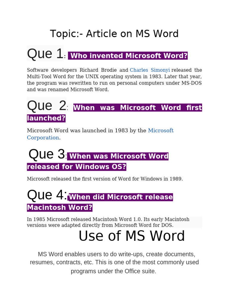 Article On MS Word | PDF | Microsoft Word | Microsoft