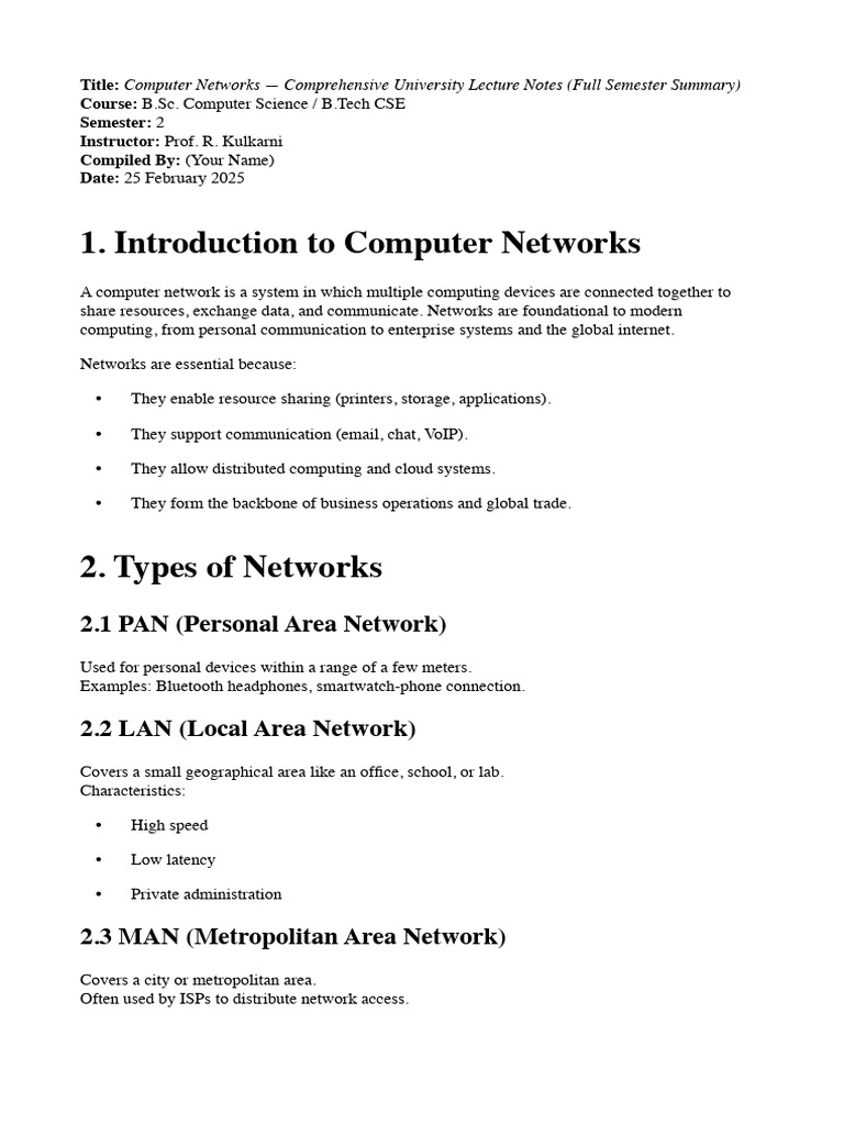 Computer Networks Lecture Notes Summary | PDF | Internet Protocol Suite ...