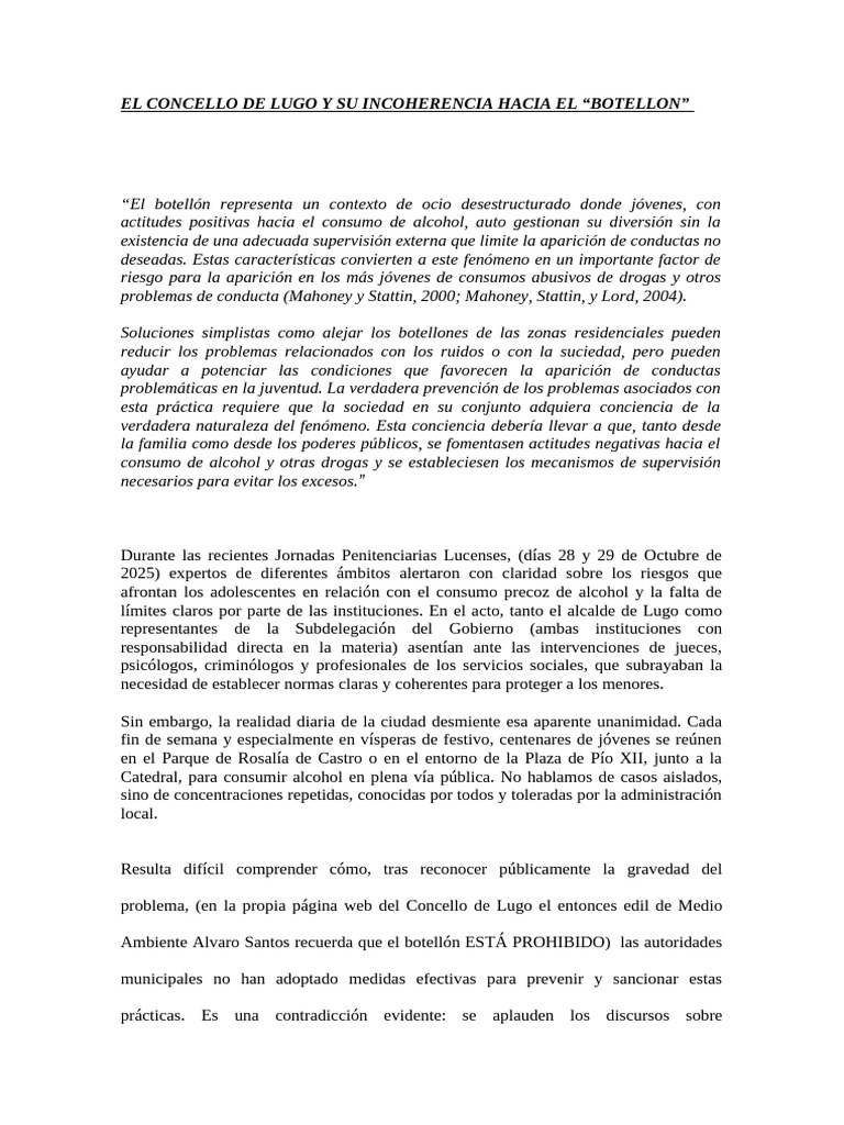 El Concello de Lugo y Su Incoherencia Hacia El Botellon | PDF ...