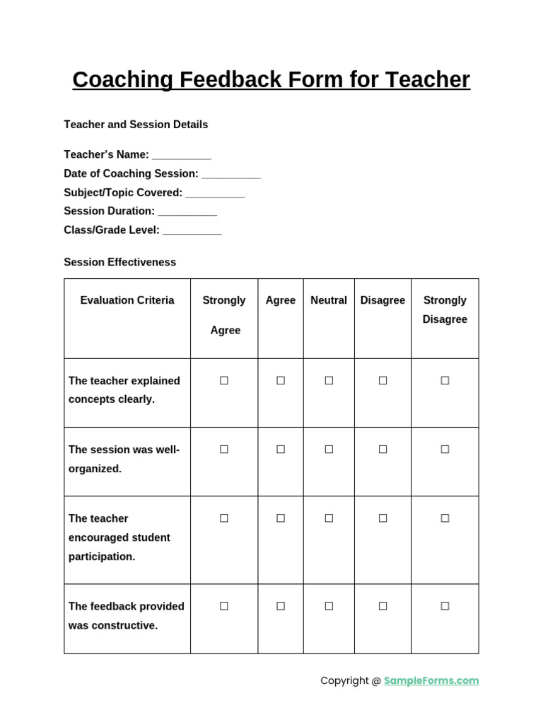 Coaching Feedback Form For Teacher | PDF
