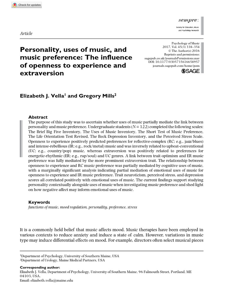 (Sample Analysis) Vella Et Al., 2016 - Personality, Uses of Music, and ...