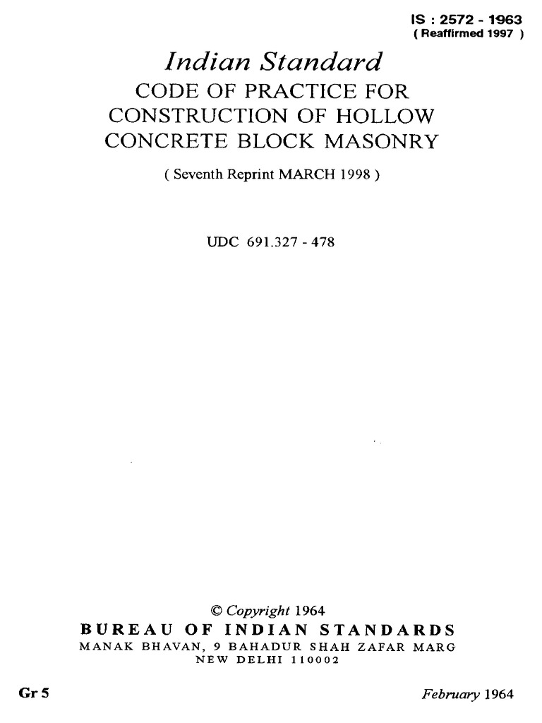Indian Standard: Code of Practice For Construction of Hollow Concrete ...