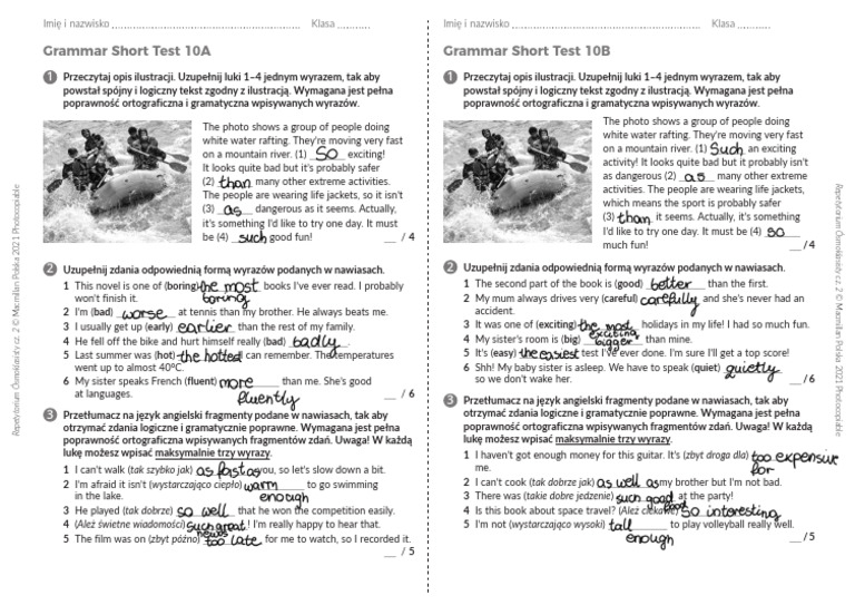 Unit 10 Short Test Grammar A B 202511122107 12941 | PDF