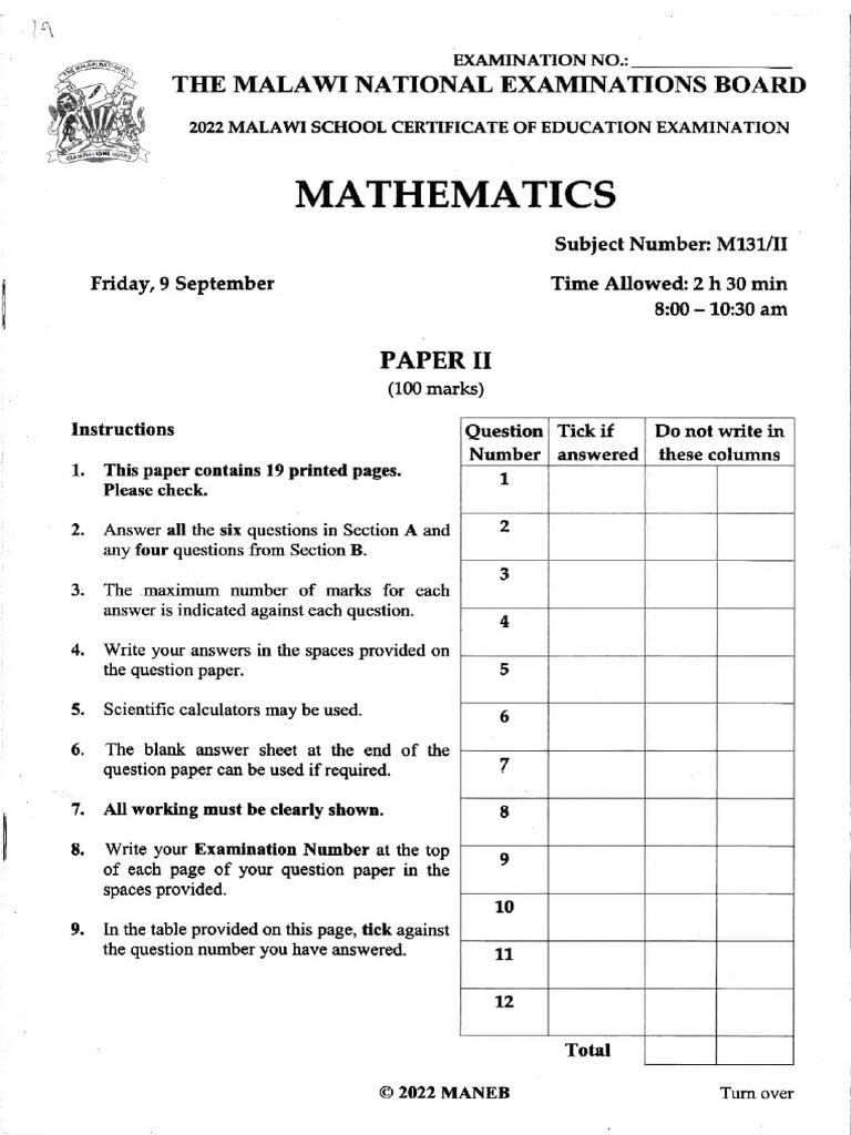 2022 Malawi School Certificate Math Exam | PDF | Area | Mathematics
