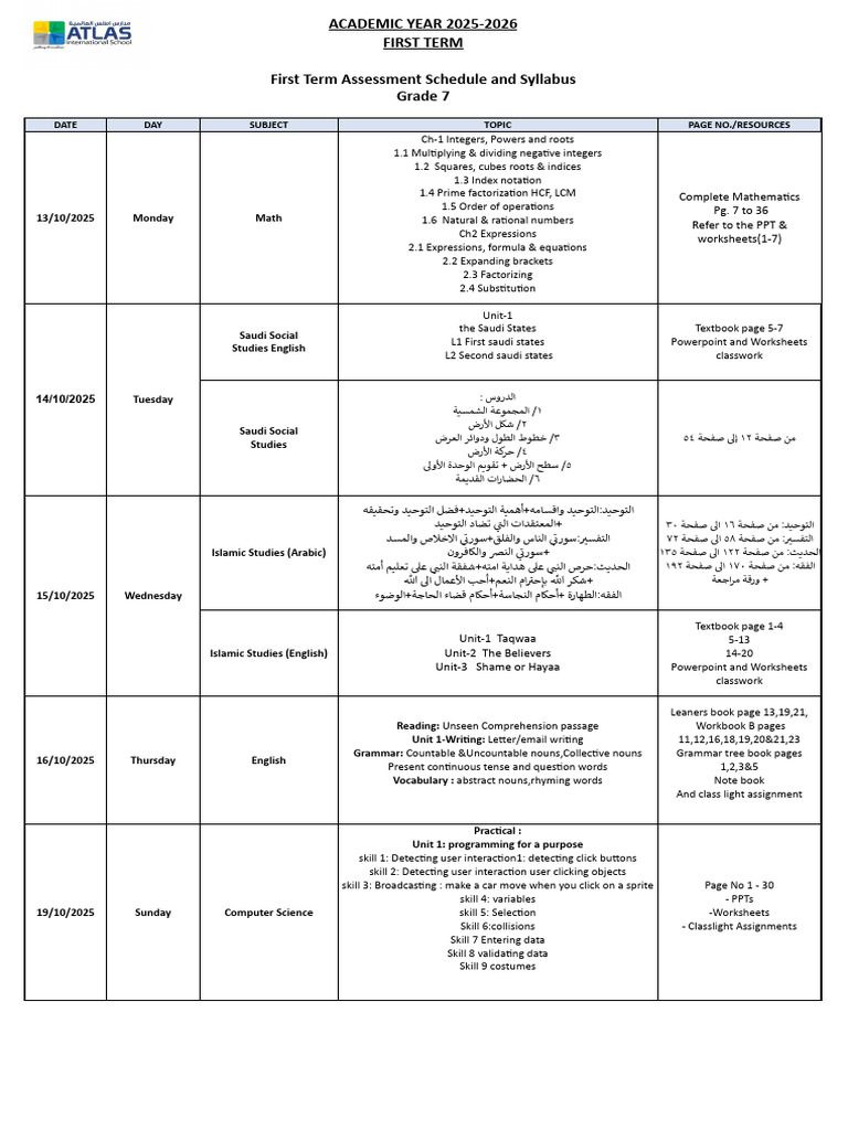 Grade 7 First Term Assessment Schedule | PDF | Respiratory System ...