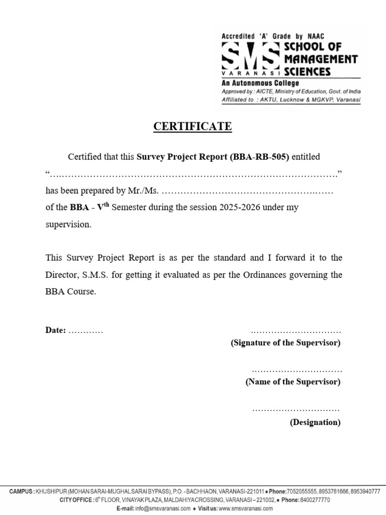 BBA Survey Project Report Certification | PDF