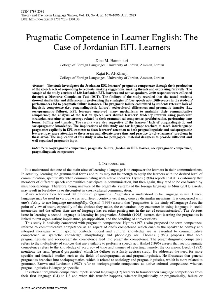 Pragmatic Competence in Jordanian EFL Learners | PDF | English As A ...