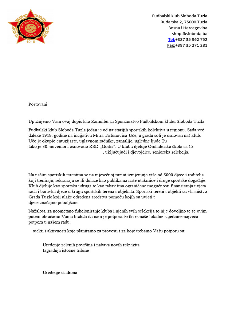 Molba Za Sponzorstvo | PDF