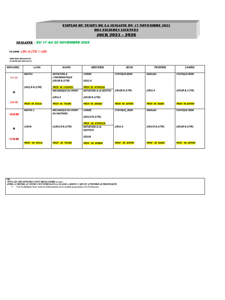 Emploi du temps du 17 au 22 novembre 2025 | PDF