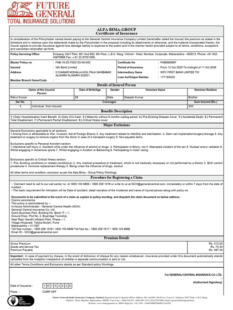 Policy - Certificate - 10 - 29 - 2025 6 - 23 - 08 PM | PDF | Insurance