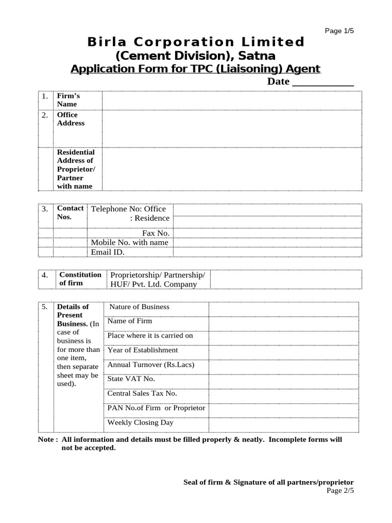 Birla Corporation TPC Agent Application Form | PDF