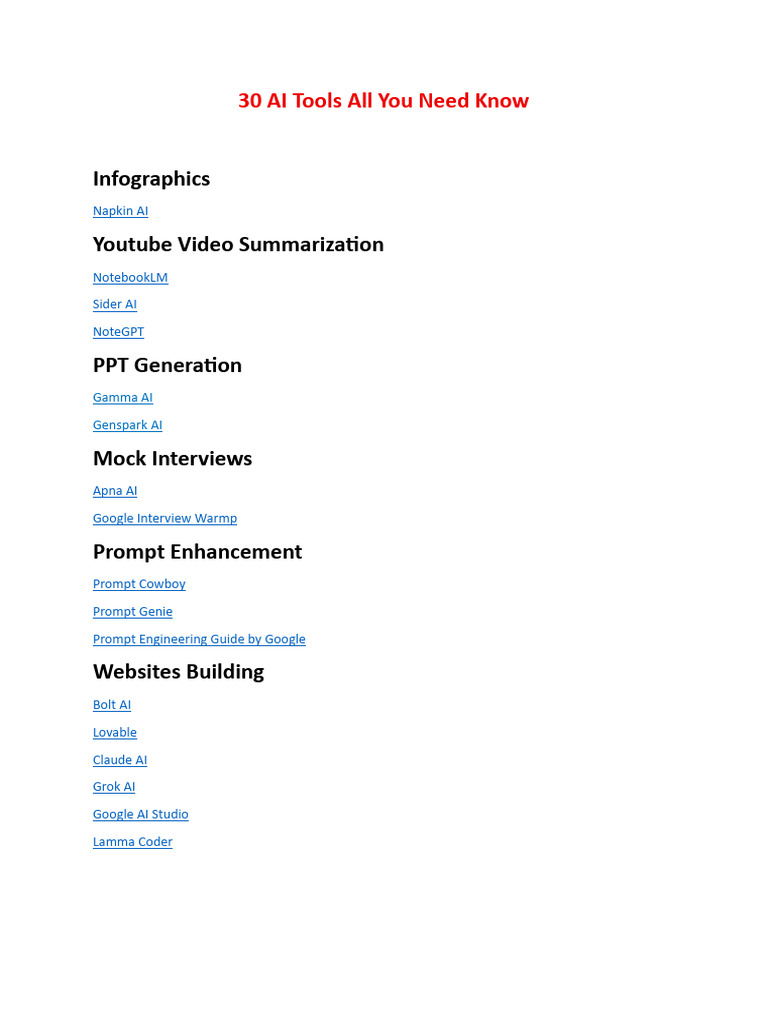 30 Essential AI Tools Overview | PDF