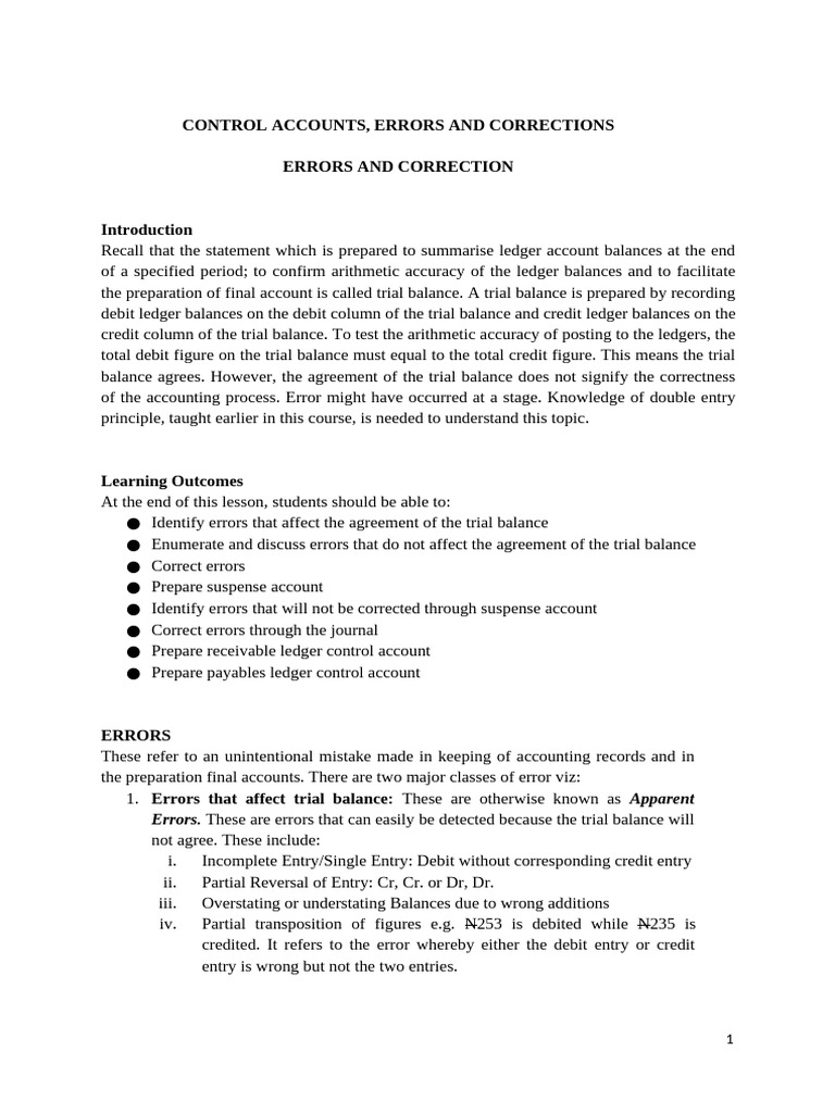 Control Accounts and Error Corrections | PDF | Debits And Credits ...