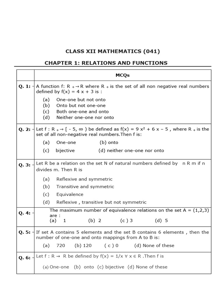 Class XII Mathematics MCQs on Functions | PDF | Function (Mathematics ...