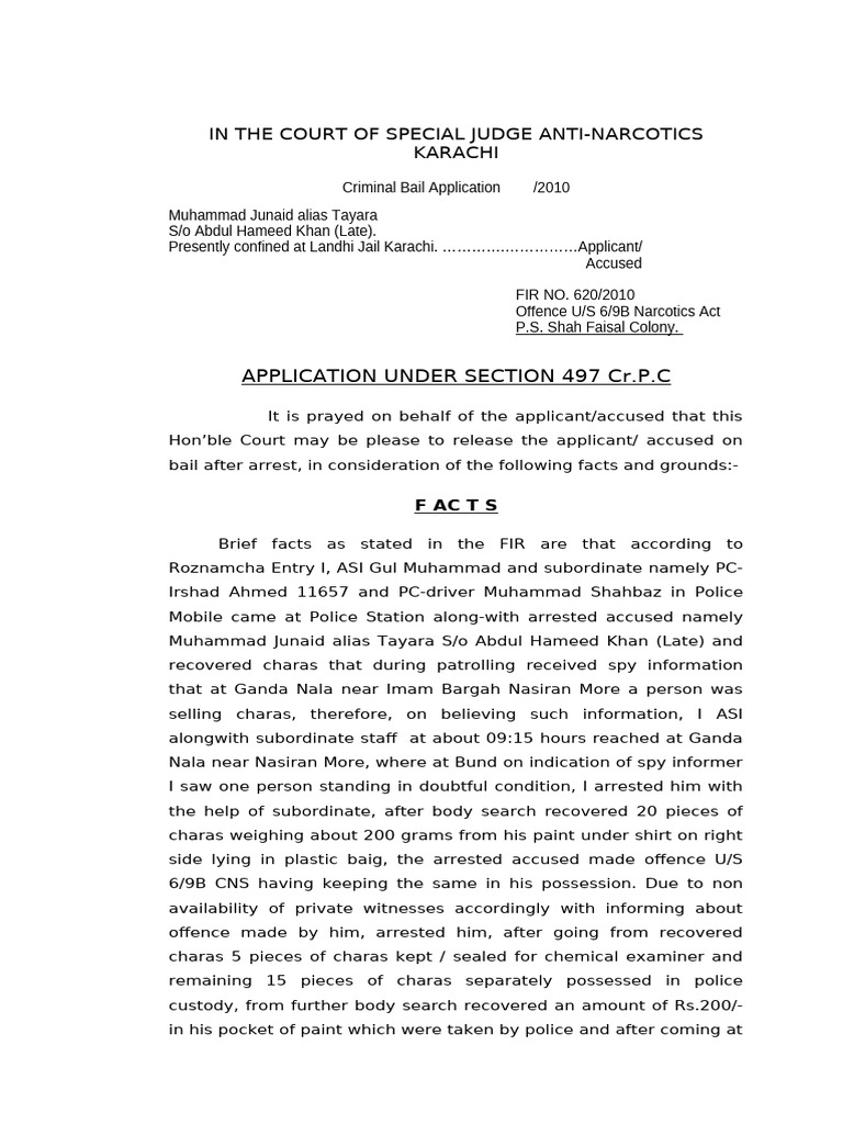 Bail Application for Narcotics Offenses | PDF | Bail | Arrest