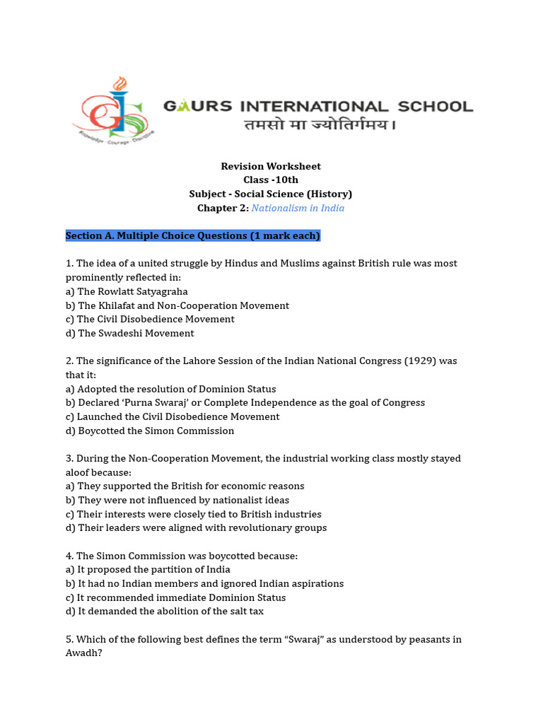 Nationalism in India: Class 10 Revision Worksheet | PDF | Mahatma ...