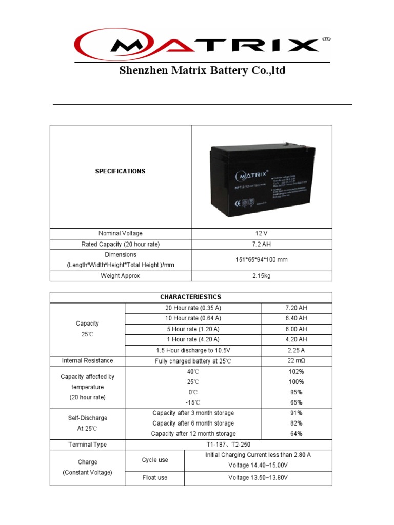 Shenzhen Matrix Battery Co.,ltd: Specifications | PDF | Home & Garden ...