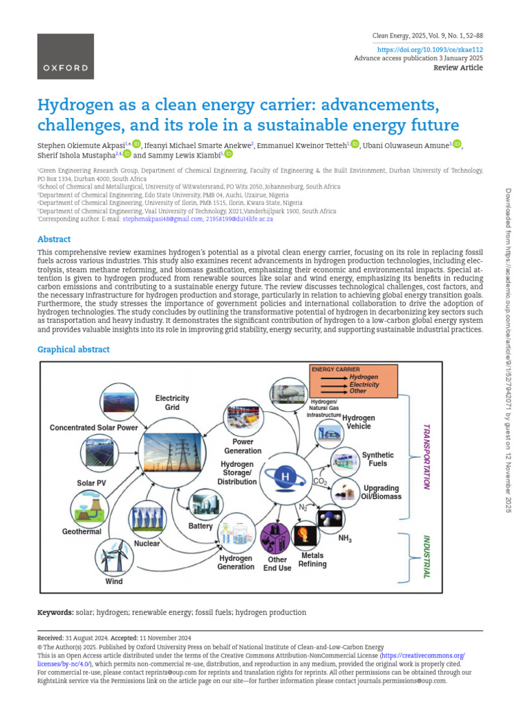 Hydrogen as a Clean Energy Carrier Advancements Challenges, And Its ...