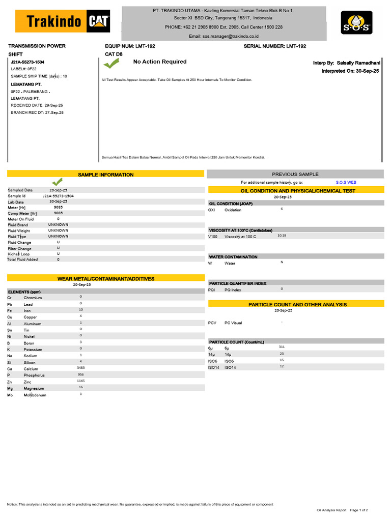 Oil Analysis Report for CAT D8 LMT-192 | PDF | Atoms | Materials