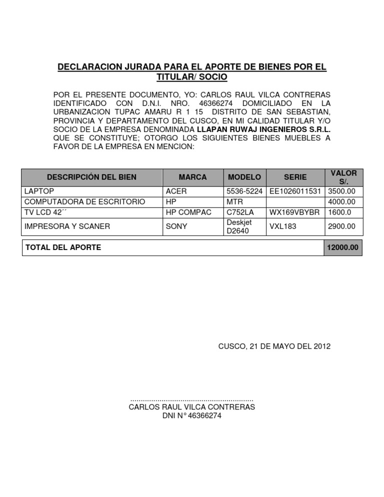 Declaracion Jurada para El Aporte de Bienes Por El Titular | PDF