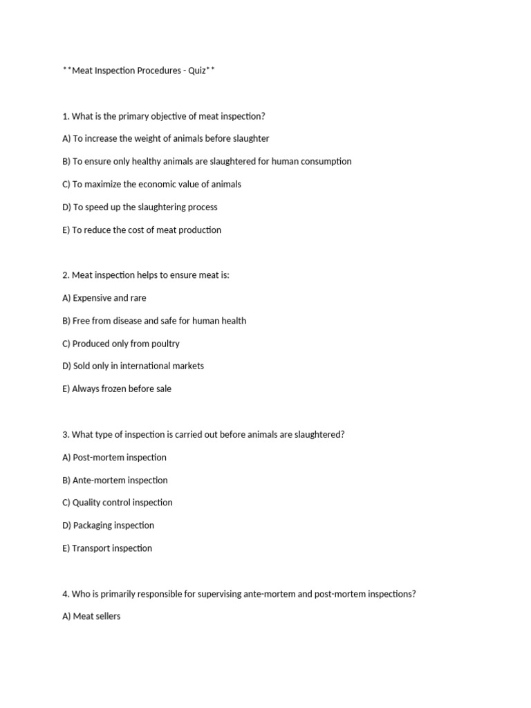 Meat Inspection Procedures Quiz | PDF | Animal Slaughter | Meat