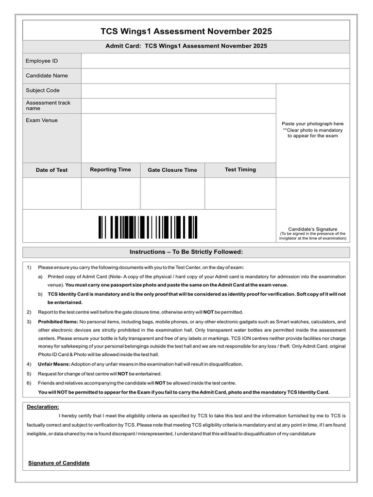 TCS Wings1 Assessment Admit Card 2025 | PDF | Identity Document