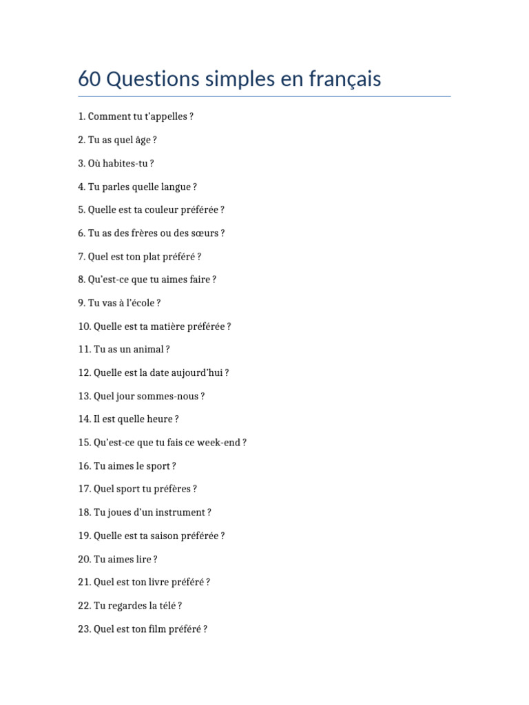 60 Questions simples en français | PDF
