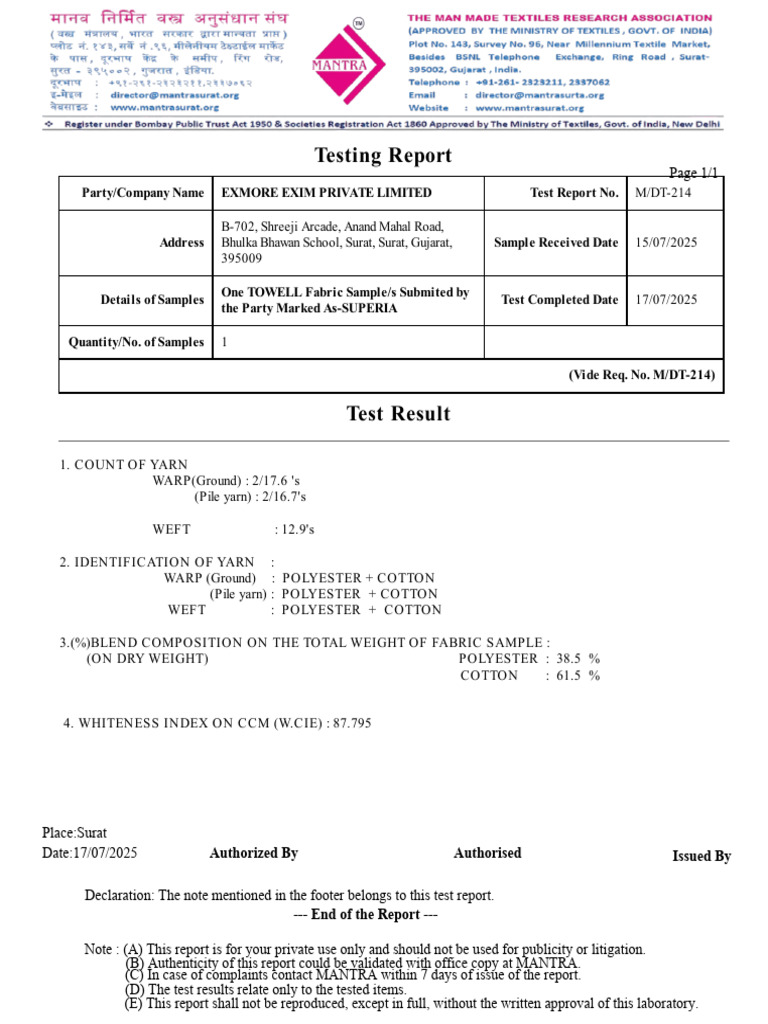 Yarn Composition and Test Report | PDF