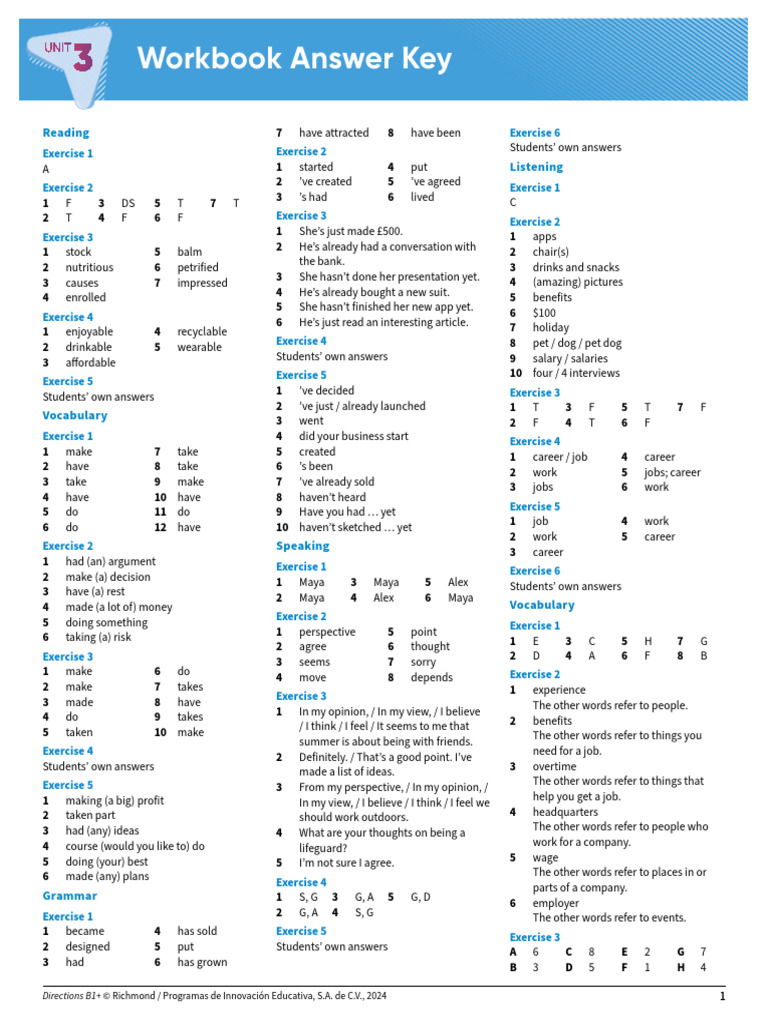 Workbook Answer Key for Unit B1+ | PDF