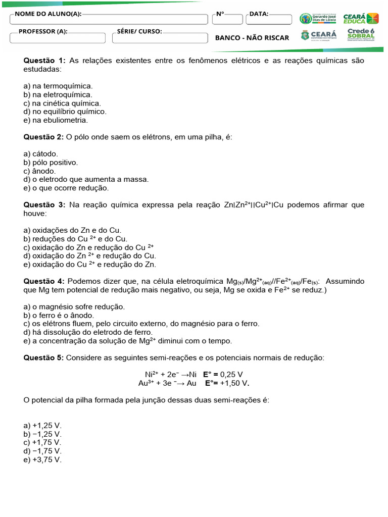Questões sobre Eletroquímica e Reações | PDF