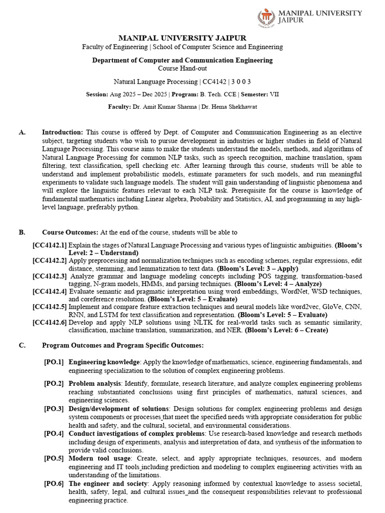 Course Handout Natural Language Processing - Copy | PDF | Parsing ...