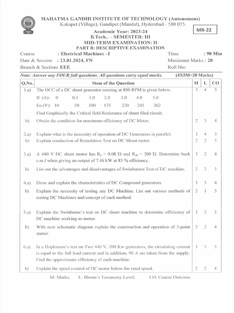 MR21, MR22 Mid Exam Printable Question Paper Format | PDF