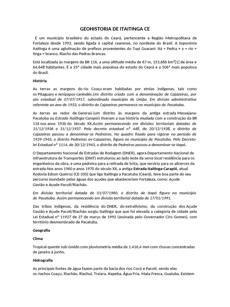 História e Geografia de Itaitinga-CE | PDF | Geociências