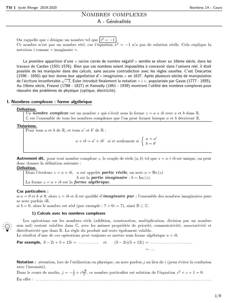 Cours sur les Nombres Complexes au Lycée Monge | PDF | Nombre complexe ...
