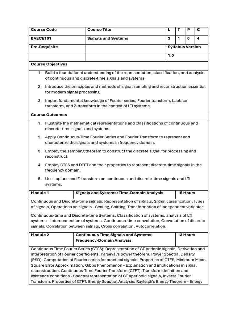 Signals and Systems Course Overview | PDF | Laplace Transform ...