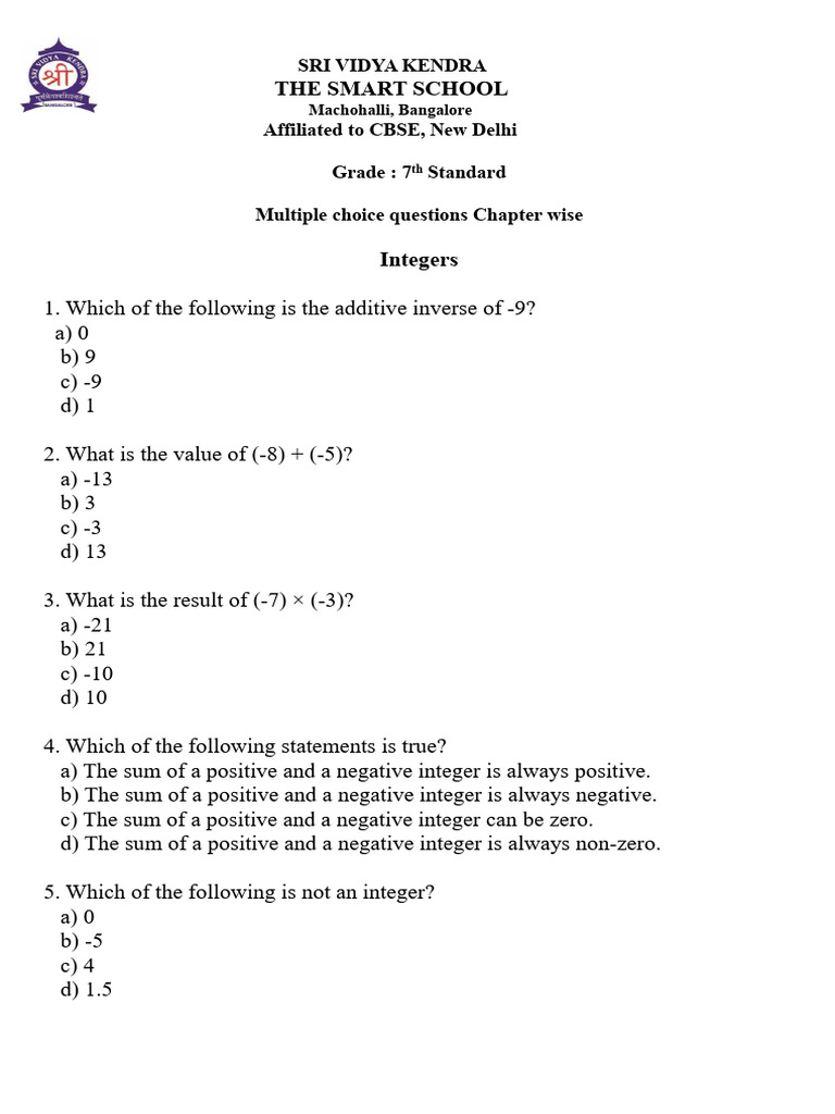 7th Grade Math MCQs: Integers, Fractions, Decimals | PDF | Mathematics ...