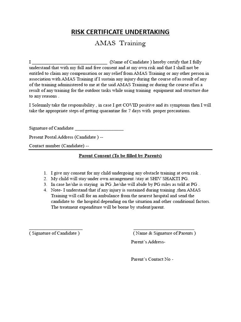 AMAS Training Risk Certificate Agreement | PDF