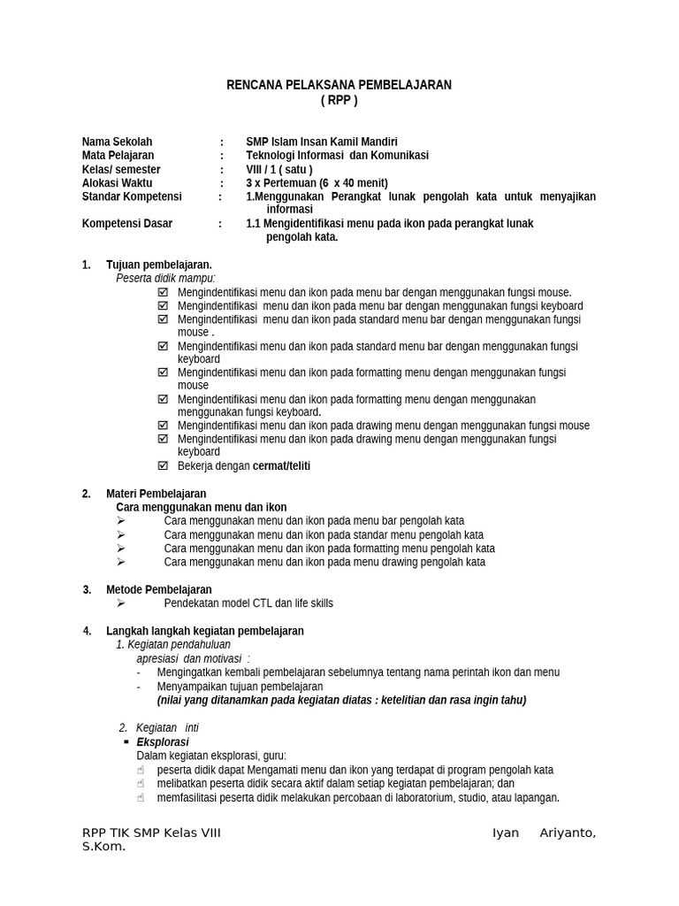 RPP TIK Kelas VIII: Menu dan Ikon Word | PDF