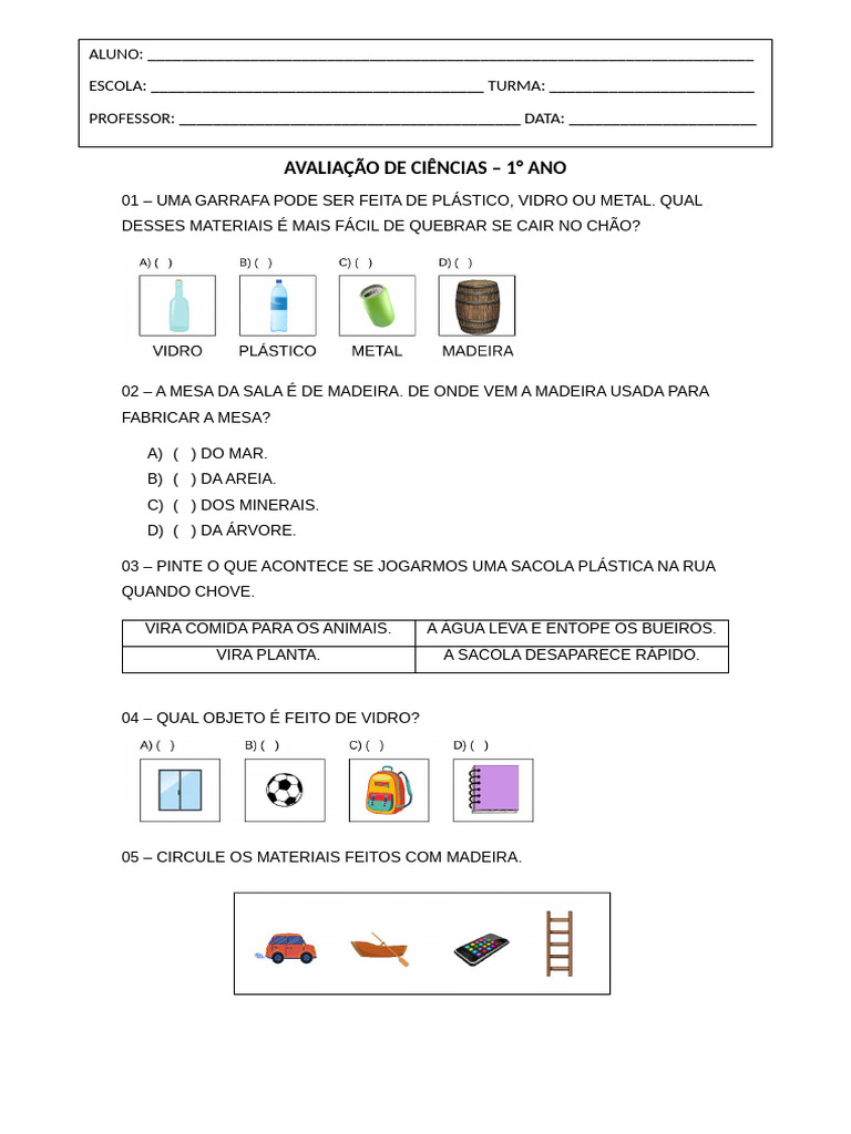 Avaliação de Ciências 1º Ano: Materiais | PDF