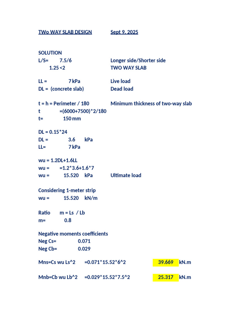 Two-Way Slab Design Calculation Guide | PDF