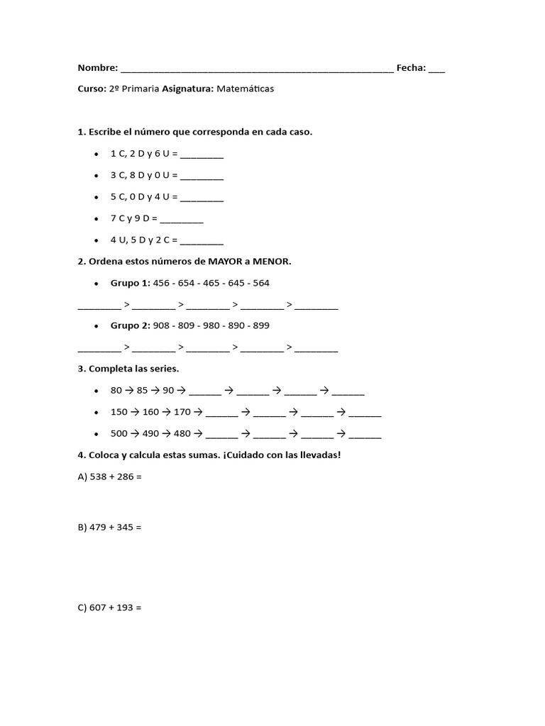 Ejercicios de Matemáticas 2º Primaria | PDF