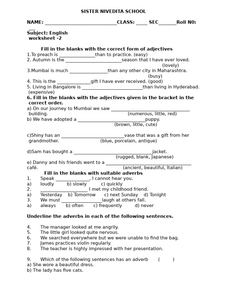 Adjective and Adverb Worksheet for Students | PDF | Chess Theory | Chess