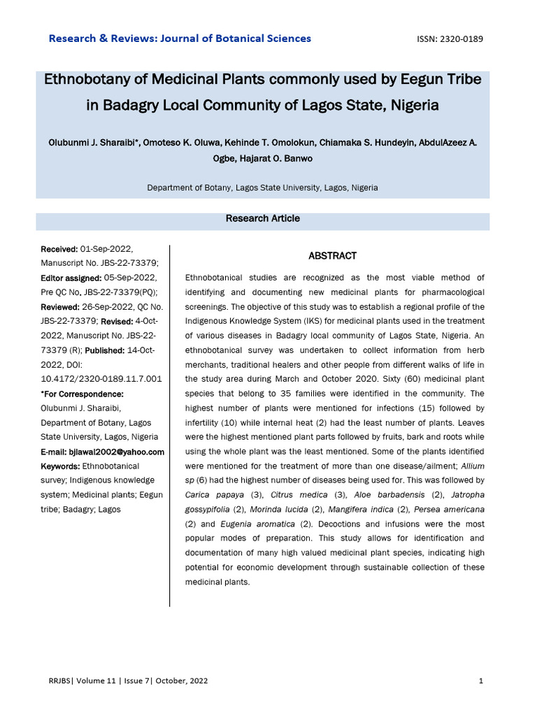Ethnobotany of Medicinal Plants Commonly Used by Eegun Tribe in Badagry ...