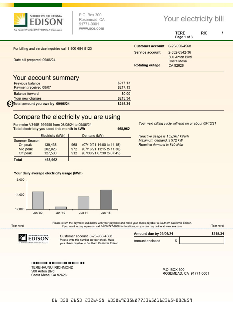 Edison Utility Bill Summary | PDF | Cheque | Debit Card