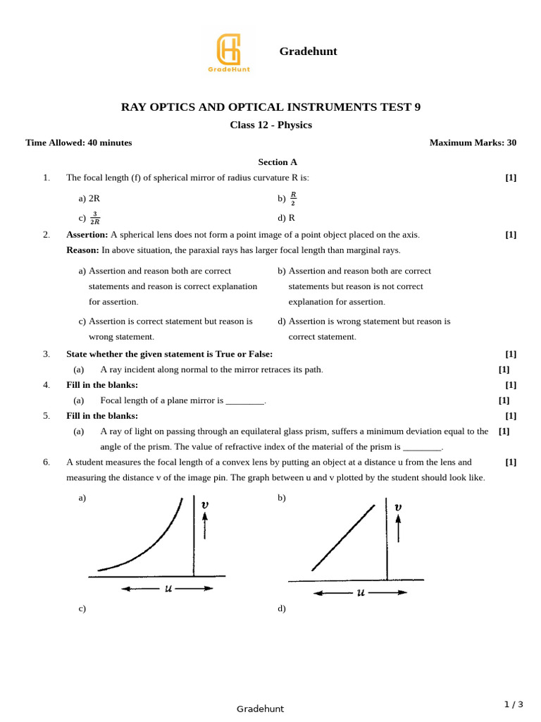 Ray Optics and Optical Instruments Test 26-08-25-15-32-57 | PDF ...