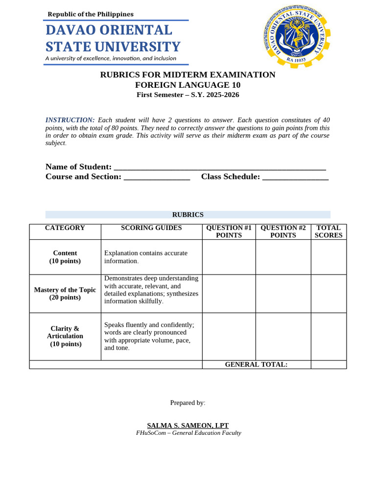 Midterm Exam Rubrics for Foreign Language 10 | PDF