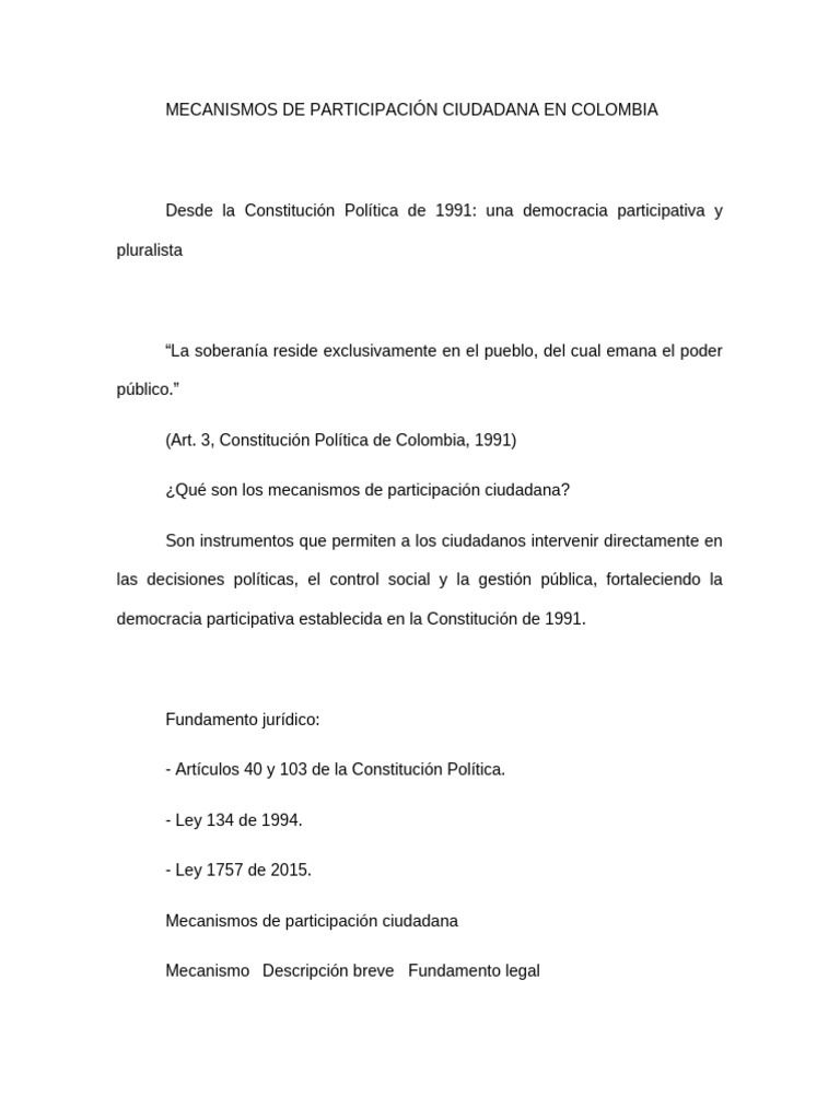 Mecanismos de Participación Ciudadana en Colombia | PDF | Constitución ...