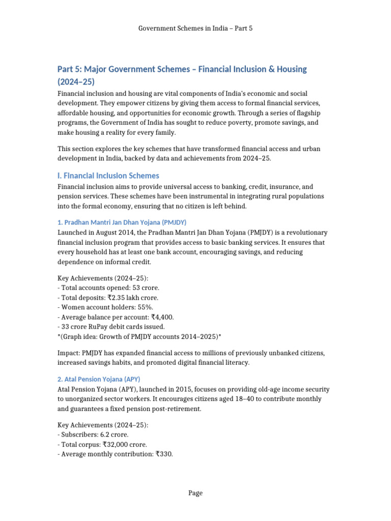 Major Government Schemes: Financial Inclusion & Housing | PDF ...