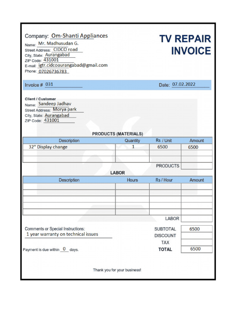TV Repair Invoice | PDF